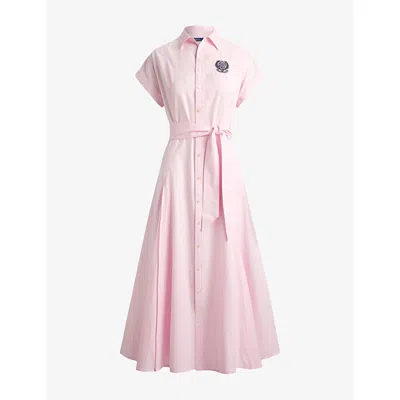 Polo Ralph Lauren Womens Pink/white  X Wimbledon Logo-embroidered Cotton Shirt Midi Dress