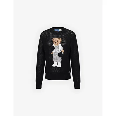 Polo Ralph Lauren Womens Polo Black Embroidered Boxing Bear Open Knit Jumper Xs