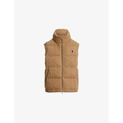 POLO RALPH LAUREN WOMENS COLLECTION CAMEL MELANGE BRAND-EMBROIDERED WOOL AND CASHMERE GILET