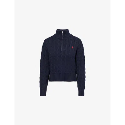 Polo Ralph Lauren Womens Brand-embroidery Cable-knit Cotton Jumper Hunter Navy In Blue