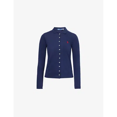 POLO RALPH LAUREN WOMENS NEWPORT NAVY BRAND-EMBROIDERY LONG-SLEEVE COTTON-JERSEY POLO SHIRT XS