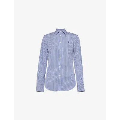 Polo Ralph Lauren Womens  Brand-embroidery Stripe Long-sleeve Cotton Shirt In White/ Fall Royal