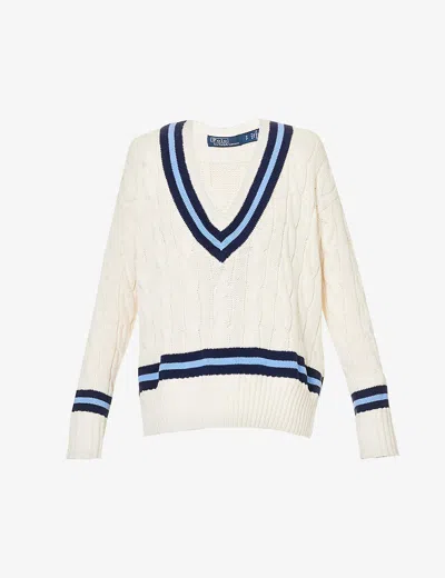 POLO RALPH LAUREN WOMENS CREAM W/ NAVY STRIPE CRICKET RELAXED-FIT V-NECK CABLE-KNIT JUMPER,64623154
