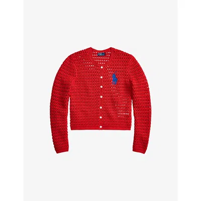 Polo Ralph Lauren Womens Petal Rose Crochet Logo-embroidered Cotton Cardigan In Red