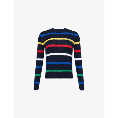 Polo Ralph Lauren Womens Navy Multi Embroidered-logo Striped Cotton-knit Jumper