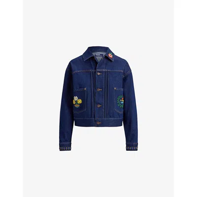 Polo Ralph Lauren Womens Napola Wash Embroidered Relaxed-fit Denim Trucker Jacket In Blue