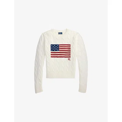 Polo Ralph Lauren Womens Ceramic White Flag-intarsia Cable-knit Cotton Jumper