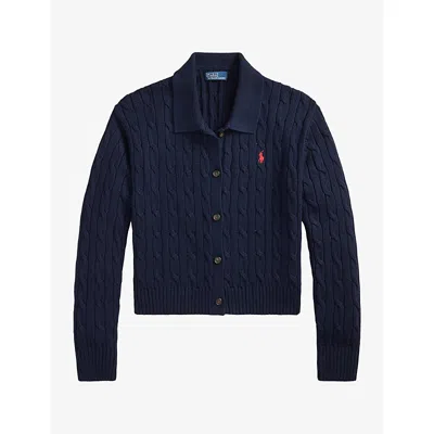 Polo Ralph Lauren Womens  Logo-embroidered Cable-knit Cotton Cardigan In Hunter Navy
