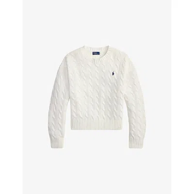 Polo Ralph Lauren Womens White Logo-embroidered Cable-knit Cotton Jumper In Animal Print