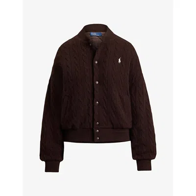 Polo Ralph Lauren Womens  Logo-embroidered Cable-knit Wool And Cashmere Bomber Jacket In Brown