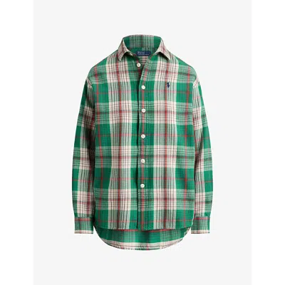 Polo Ralph Lauren Womens  Logo-embroidered Cotton Check Shirt In Green Cream Multi