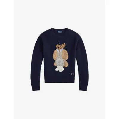 POLO RALPH LAUREN WOMENS HUNTER NAVY POLO BEAR EMBROIDERED WOOL AND CASHMERE JUMPER