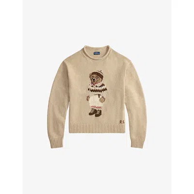 POLO RALPH LAUREN WOMENS DARK ALMOND MARL POLO BEAR KNITTED COTTON JUMPER