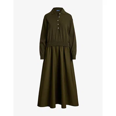 Polo Ralph Lauren Womens  Polo-collar Relaxed-fit Wool-blend And Cotton Maxi Dress In Green