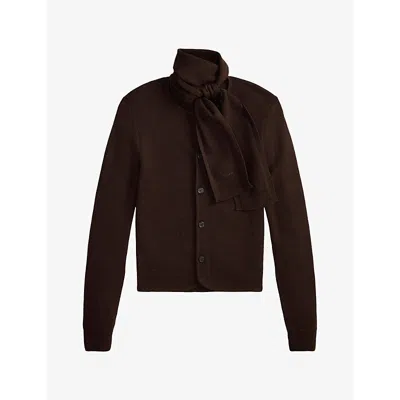 Polo Ralph Lauren Womens  Scarf-detail Slim-fit Wool Cardigan In Deep Chocolate Melange