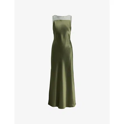 Polo Ralph Lauren Womens Mountain Green Sleeveless Sheer-panel Satin Slip Dress