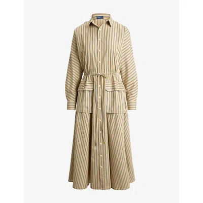 Polo Ralph Lauren Womens  Striped Belted-waist Cotton Shirt Midi Dress In Tan