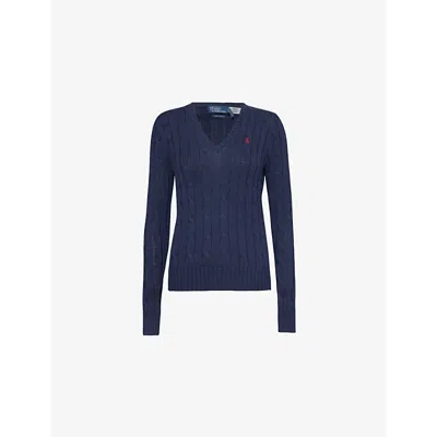 POLO RALPH LAUREN WOMENS HUNTER NAVY V-NECK LOGO-EMBROIDERY COTTON-KNIT JUMPER