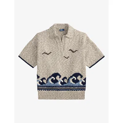 Polo Ralph Lauren Womens  Wave-intarsia Short-sleeved Wool-blend Jumper In Cream Multi