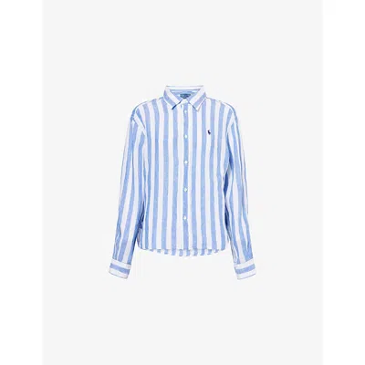 POLO RALPH LAUREN WOMENS 4567A BLUE/WHITE STRIPED BRAND-EMBROIDERY LINEN SHIRT