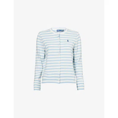 Polo Ralph Lauren Womens  Striped Round-neck Stretch-cotton Blend Cardigan In Blue/white