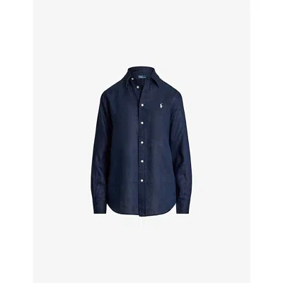 Polo Ralph Lauren Womens Tidal Navy Logo-embroidered Classic-fit Linen Shirt In Blue
