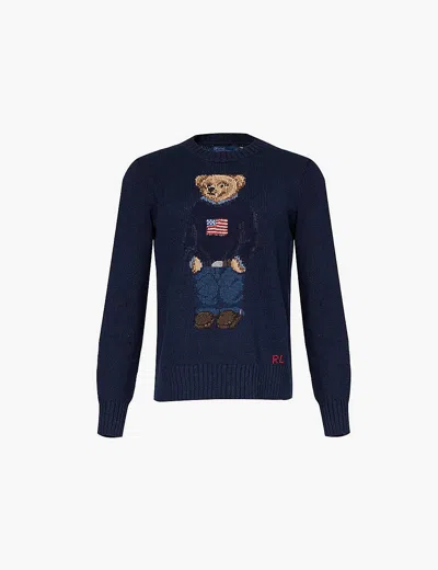 POLO RALPH LAUREN WOMENS NAVY MULTI POLO BEAR-INTARSIA REGULAR-FIT COTTON AND LINEN-BLEND JUMPER XL