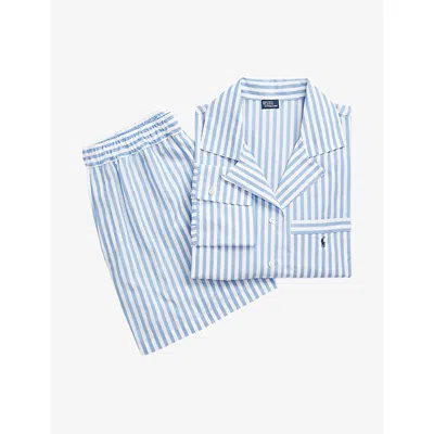 Polo Ralph Lauren Womens Striped Logo-embroidered Cotton-poplin Pyjama Set White Cloud/ Hydrangea In Multi