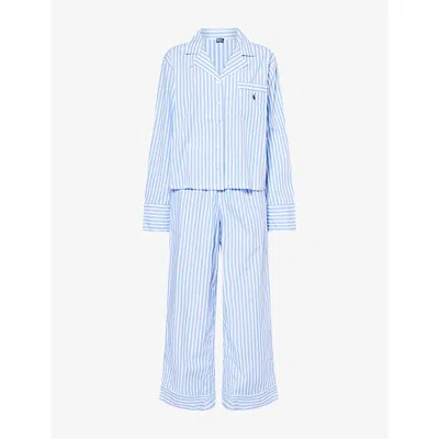 Polo Ralph Lauren Womens White Cloud X Hydrangea Classic Stripe Cotton Pyjama Set Xs