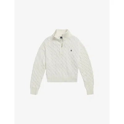 Polo Ralph Lauren Womens White Funnel-neck Cable-knit Cotton Jumper