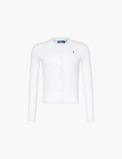 POLO RALPH LAUREN WOMENS WHITE LOGO-EMBROIDERED CABLE-KNIT COTTON CARDIGAN XS