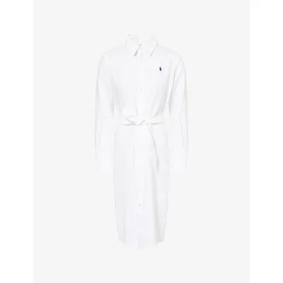 Polo Ralph Lauren Womens White Logo-embroidered Long-sleeve Linen Midi Shirt Dress