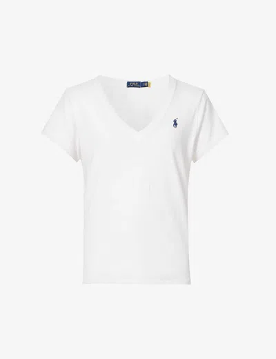 Polo Ralph Lauren Womens  Logo-embroidered V-neck Cotton-jersey T-shirt In White