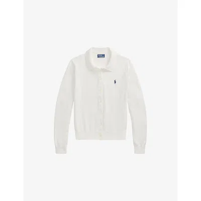 Polo Ralph Lauren Womens White Logo-embroidered Collared Cotton-blend Cardigan