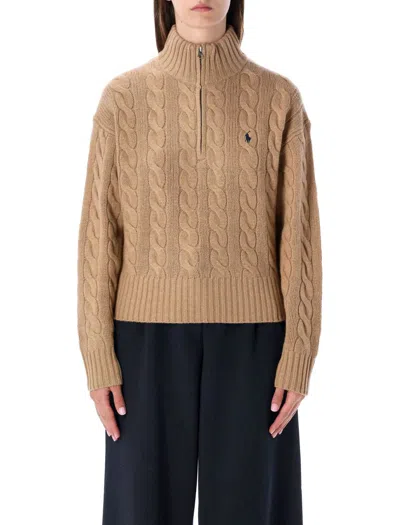 Polo Ralph Lauren Wool And Cashmere Cable-knit Half-zip Sweater In Brown