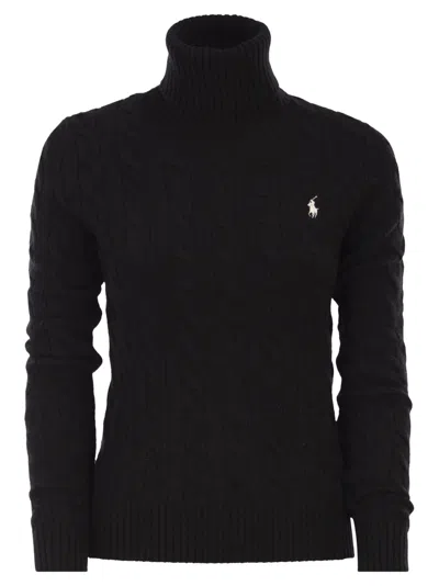 Polo Ralph Lauren Wool And Cashmere Cable Knit Turtleneck Sweater In Black