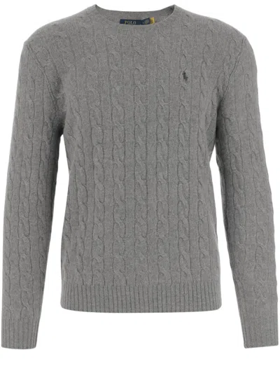 Polo Ralph Lauren Wool And Cashmere Cable-knit Sweater With Classic Crew Neck And Embroidered Logo In Gray