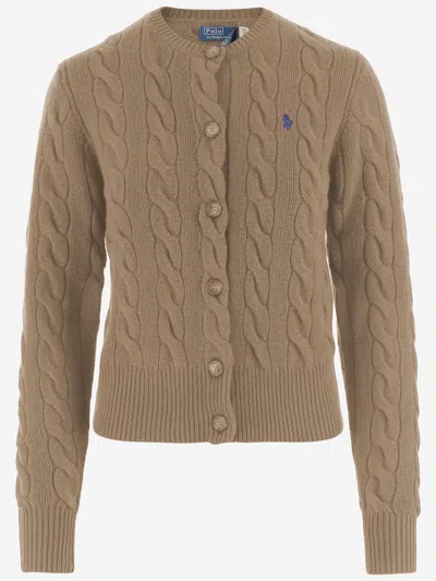 Polo Ralph Lauren Wool And Cashmere Cardigan With Logo In Brown