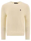Polo Ralph Lauren White Cable Knit Crewneck Sweater With Pony Embroidery On The Front In Wool And Cashmere Man In Neutral