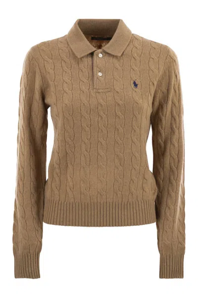 Polo Ralph Lauren Wool And Cashmere Polo Shirt With Cable Knit In Camel