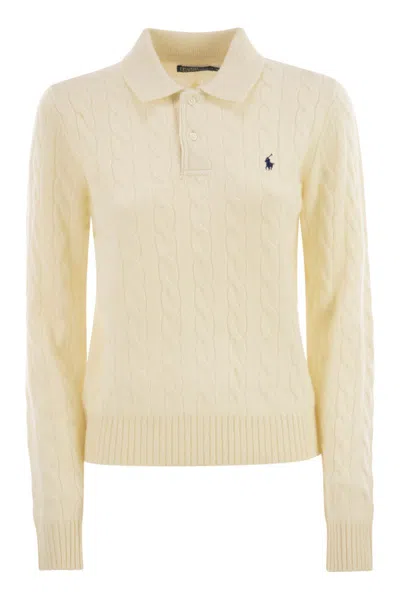 Polo Ralph Lauren Wool And Cashmere Polo Shirt With Cable Knit In Cream