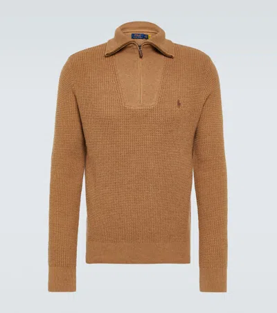 Polo Ralph Lauren Wool And Cotton Half-zip Sweater In Brown