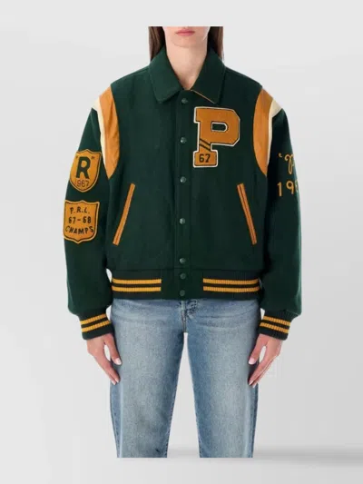 POLO RALPH LAUREN WOOL BLEND BOMBER JACKET FEATURING PATCHES