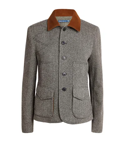POLO RALPH LAUREN WOOL-BLEND HERRINGBONE SUEDE-TRIM JACKET