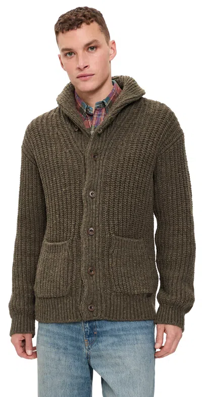 Polo Ralph Lauren Wool Blend Textured Shawl Cardigan Olive Brown Marl In Green