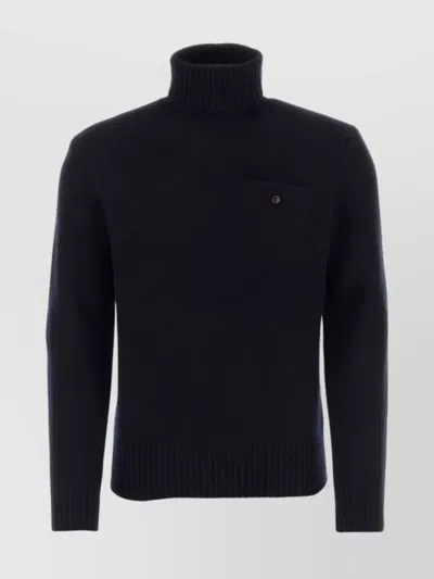 Polo Ralph Lauren Wool Blend Turtleneck With Ribbed Trim And Buttoned Chest Pocket In Blue