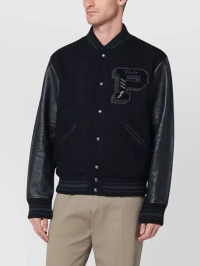 Polo Ralph Lauren Wool Blend Varsity Jacket With Leather Sleeves In Blue
