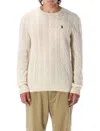 Polo Ralph Lauren Classic Cable-knit Sweater With Ribbed Hem And Embroidered Logo In Neutral