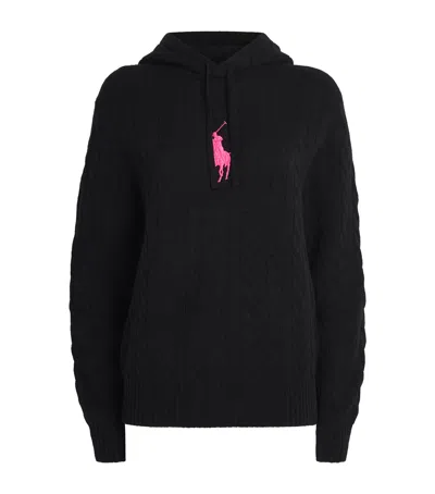 Polo Ralph Lauren Wool-cashmere Cable-knit Pink Pony Hoodie In Black