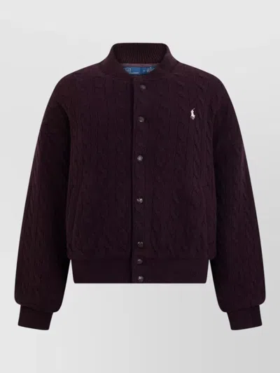 Polo Ralph Lauren Ribbed Collar Button-front Bomber Jacket With Embroidered Logo In Burgundy